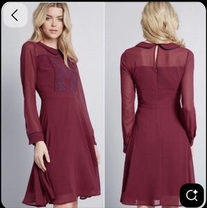 Modcloth Dark Fuchsia Long Sleeve Dress with Embroidery